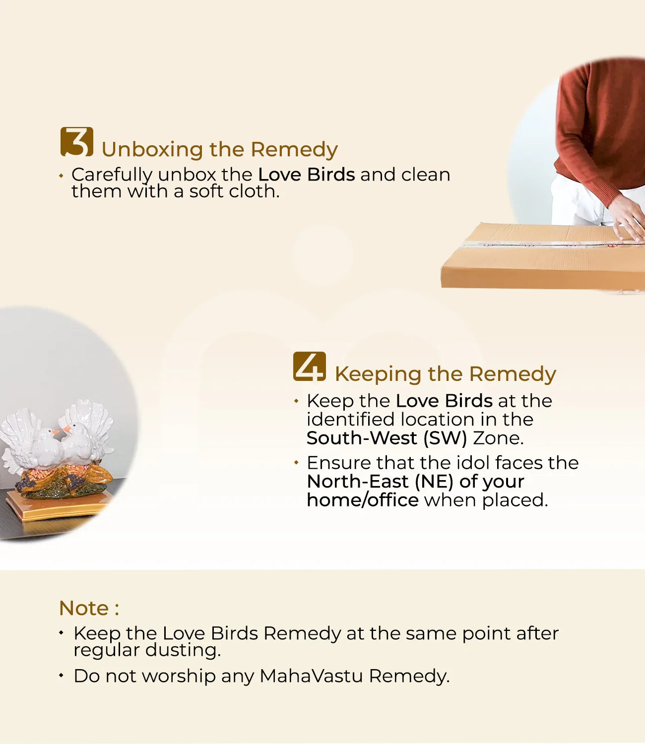 Installation instructions for Love Birds Vastu remedy with unboxing and placement steps.