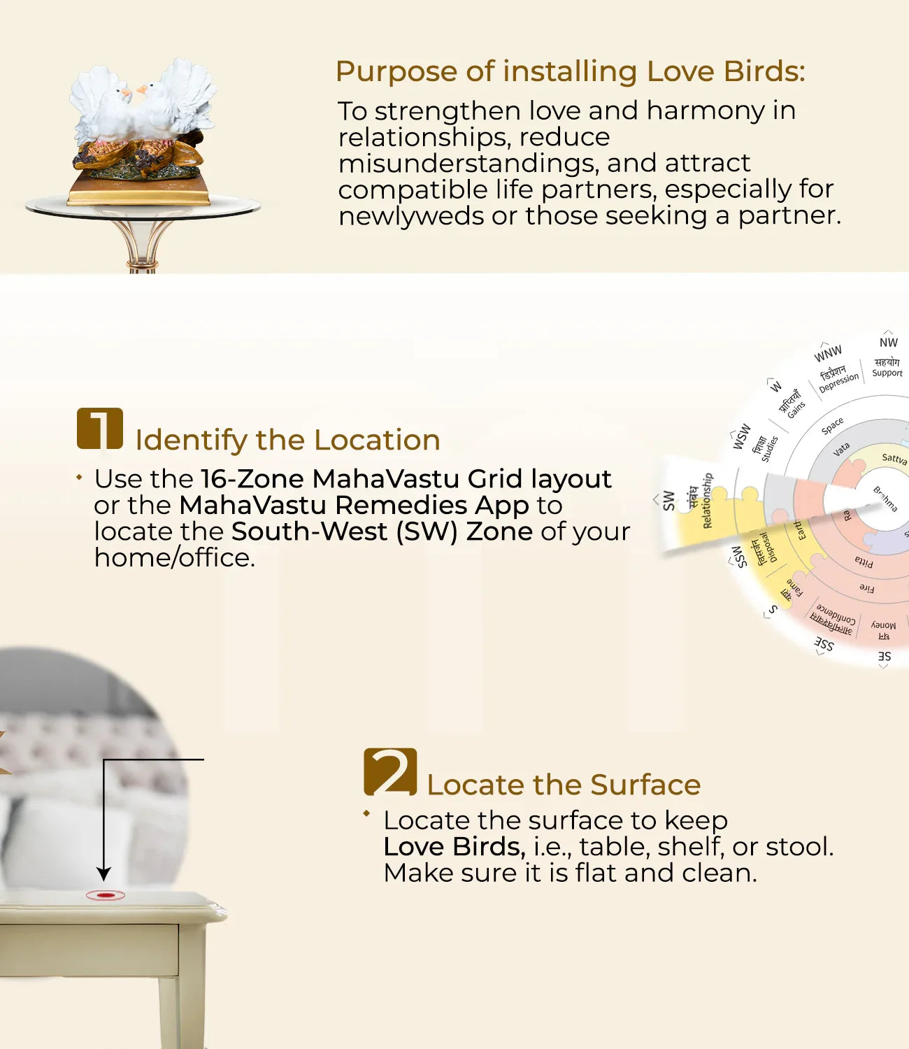 Vastu Love Birds remedy placement guide showing steps to identify southwest zone and surface in a home or office.