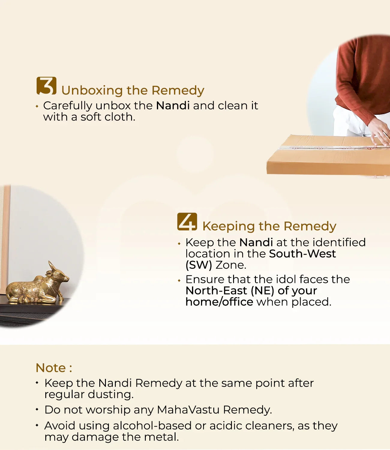 Unboxing and placement instructions for Nandi metal idol, Vastu remedy installation steps.