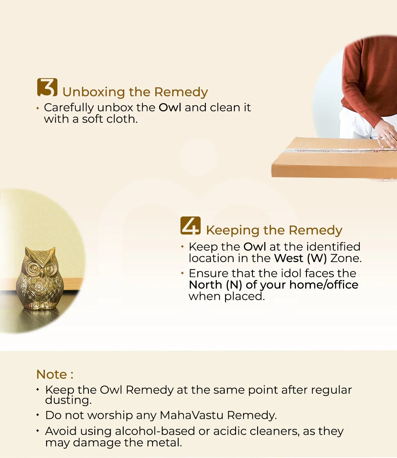 Owl metal idol remedy installation steps with cleaning and placement instructions for Vastu.