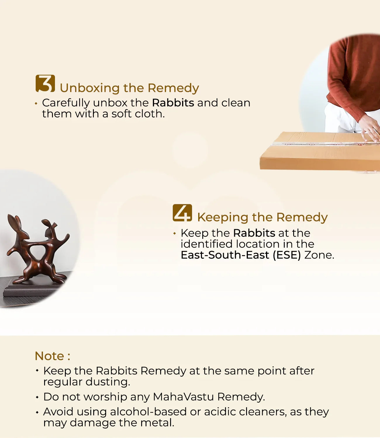 Installation steps for Vastu metal rabbit remedy, including unboxing and placement guide.