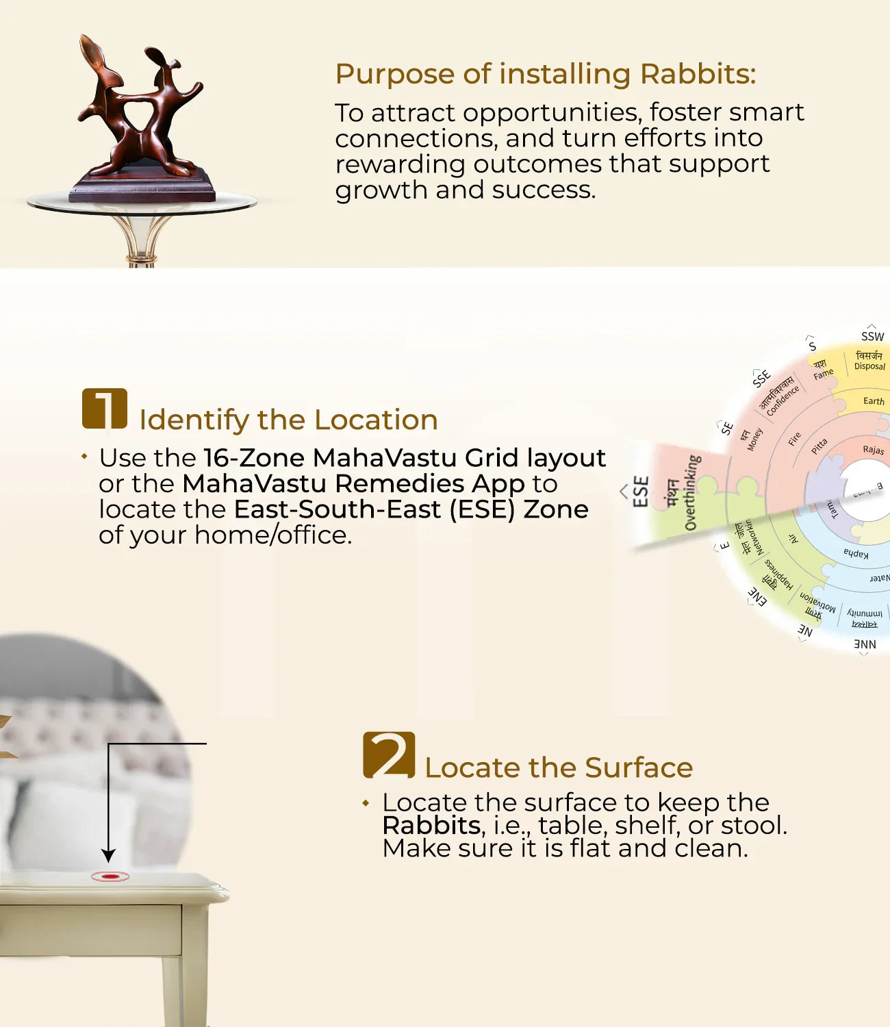 Maha Vastu rabbit remedy installation guide with bronze rabbit idol, Vastu grid, and placement steps