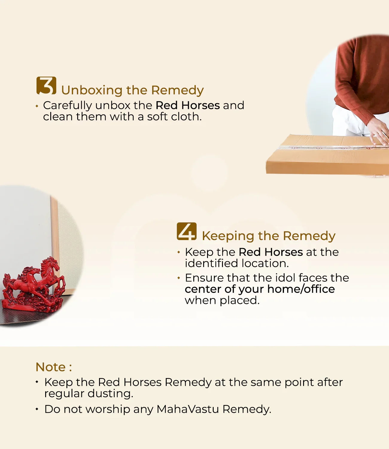 Installation steps for Red Horses Vastu remedy, showing unboxing, cleaning, and placement instructions.