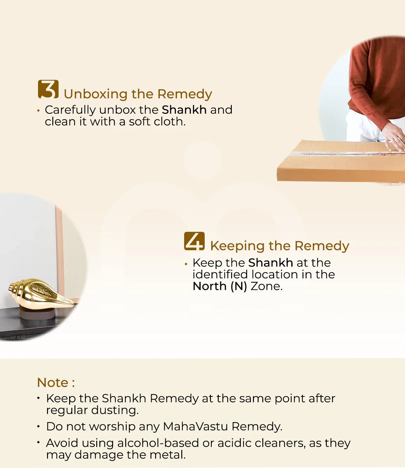 Installation steps for Shankh Vastu remedy, showing unboxing, placement in North zone, and care tips.