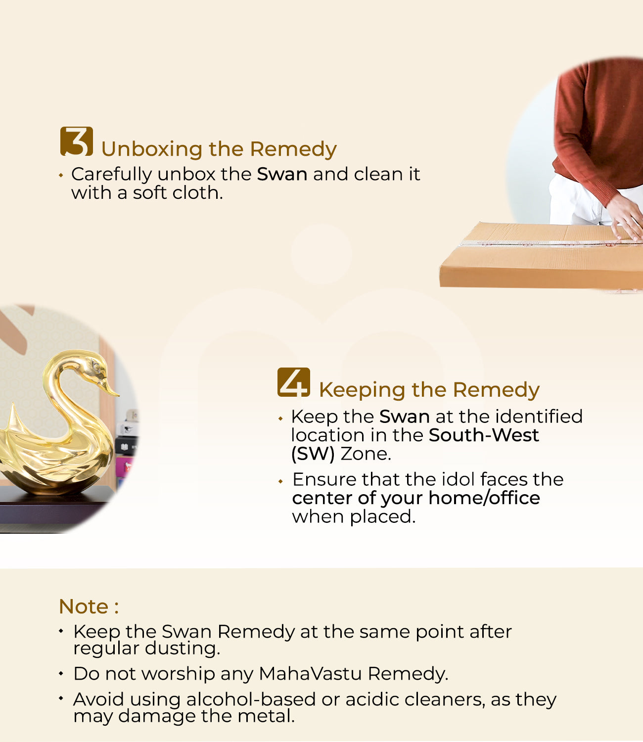 Installation steps for MahaVastu Swan Remedy with unboxing, placement, and care instructions.