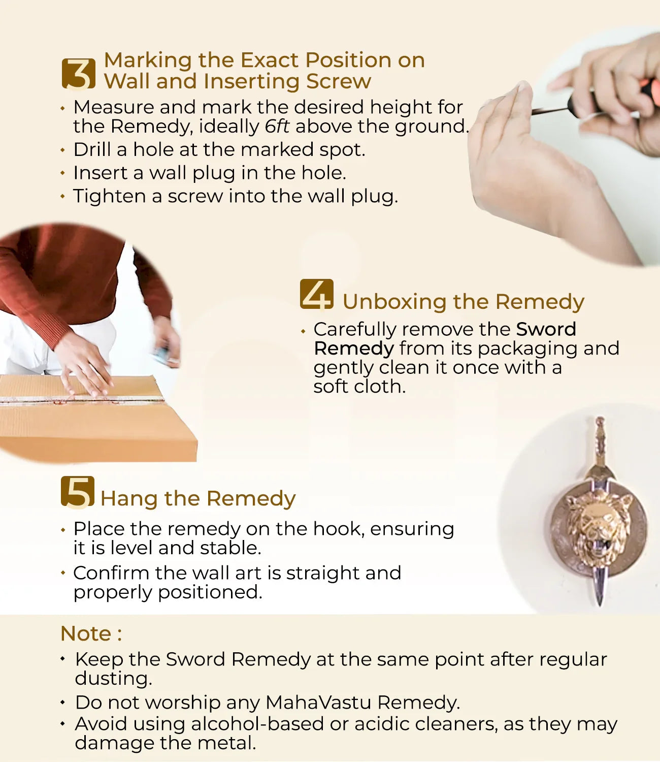 Step-by-step guide to installing Vastu Sword Remedy, including unboxing and wall mounting instructions.
