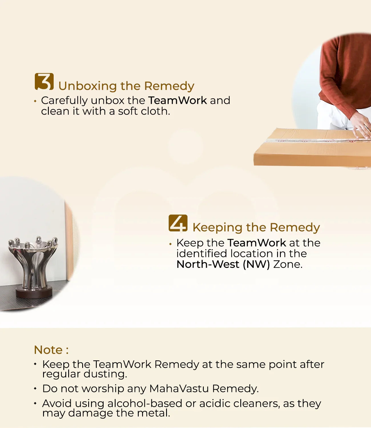 Step-by-step guide for unboxing and placing the TeamWork MahaVastu remedy in the North-West zone.