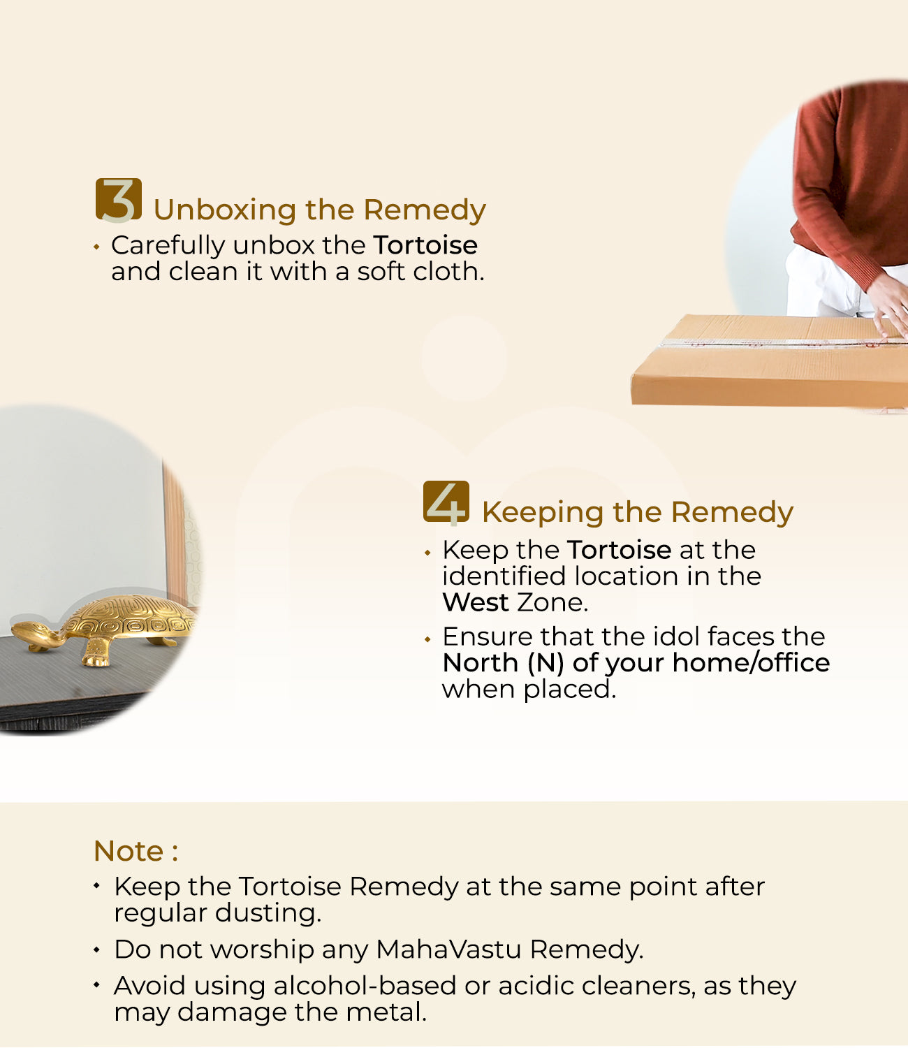 Step-by-step instructions for unboxing and placing a brass tortoise Vastu remedy at home.