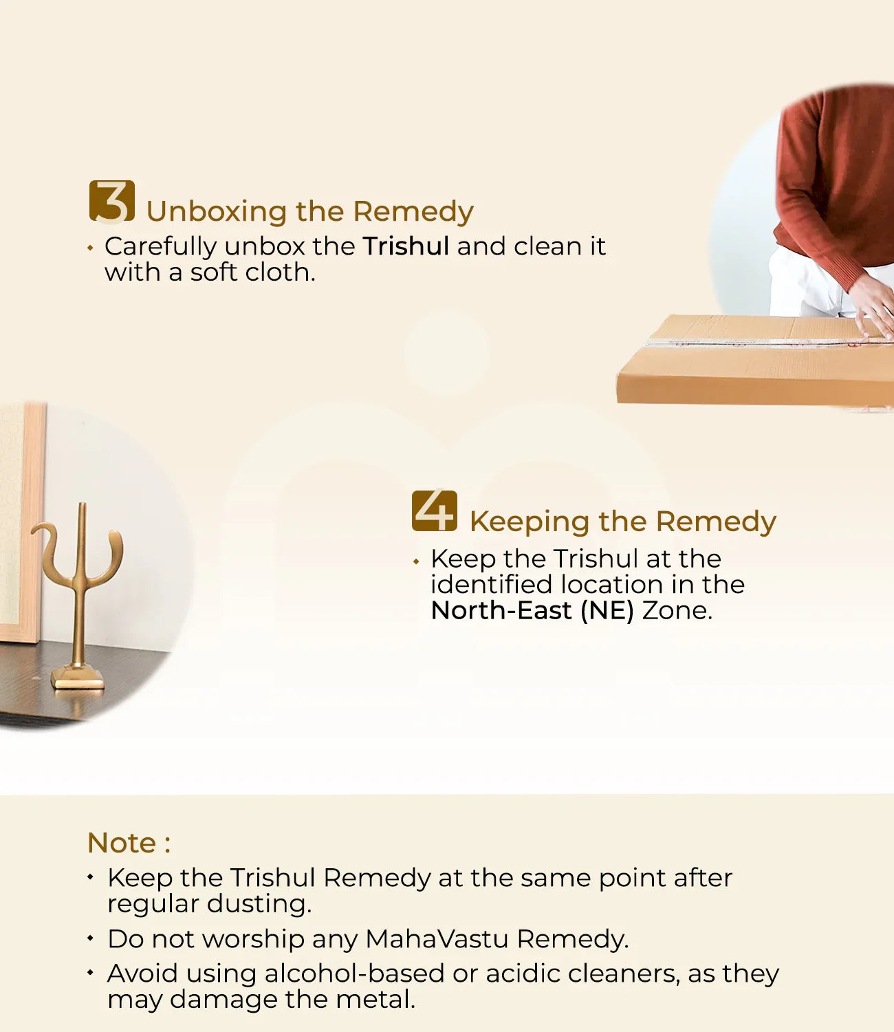 Trishul installation instructions, showing unboxing, cleaning, and placement in North-East zone.