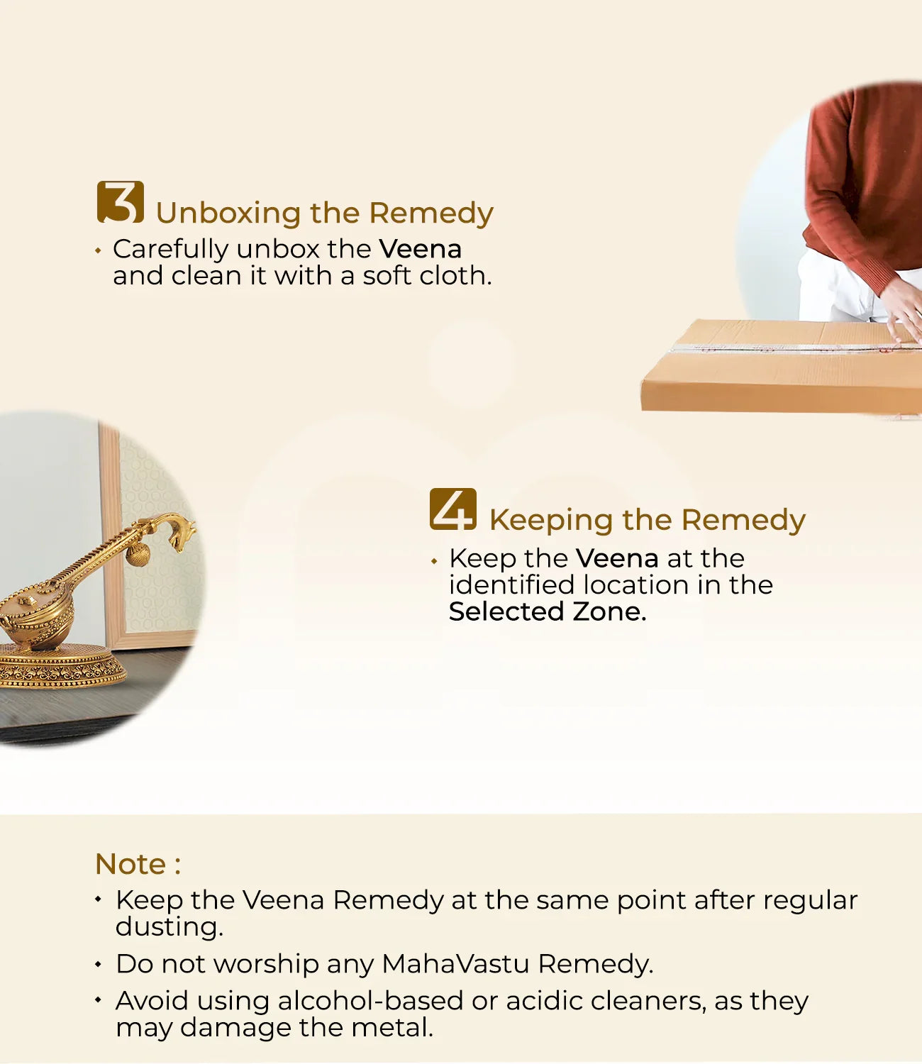 Step-by-step guide for unboxing and placing the Veena Vastu remedy with cleaning tips.