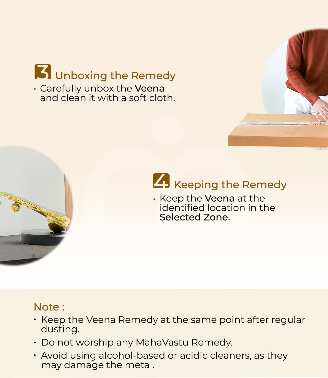 Step-by-step guide for unboxing and placing the Veena Vastu remedy with cleaning tips.