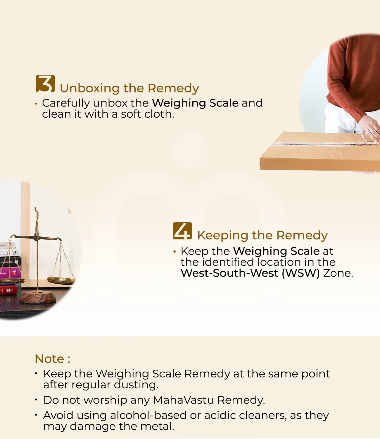 Weighing scale Vastu remedy installation steps, including unboxing, placement in West-South-West zone, and care instructions.