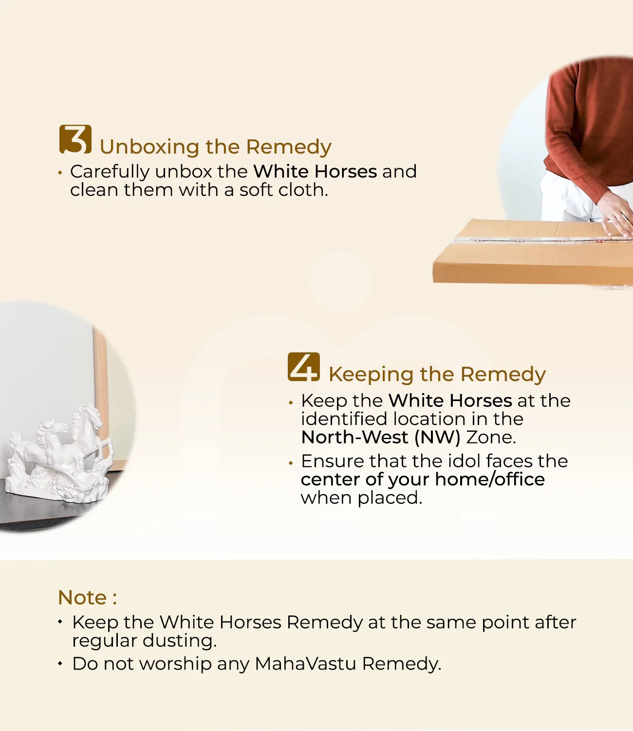 Installation steps for White Horses Vastu remedy showing unboxing, cleaning, and placement instructions.