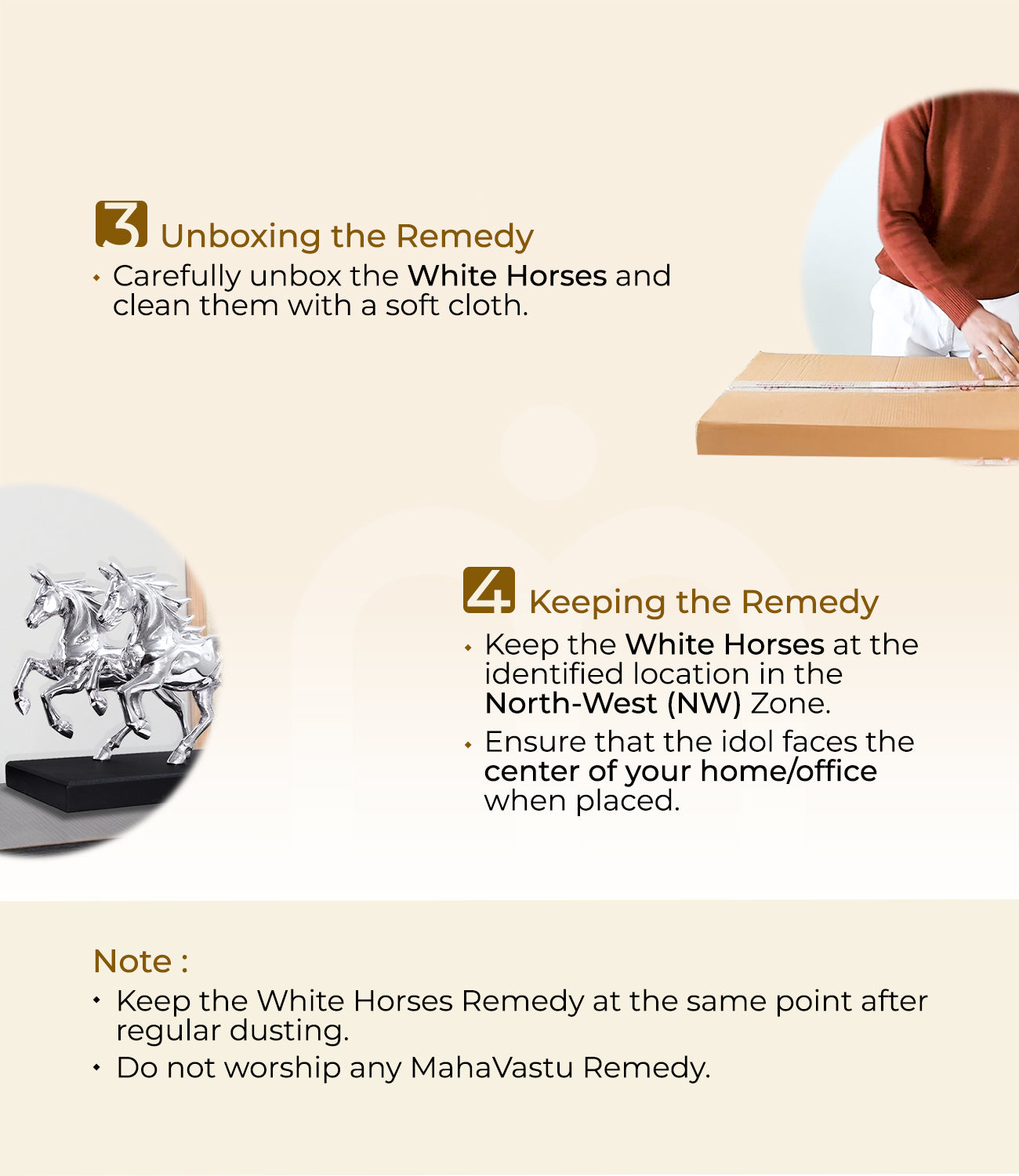 Installation steps for White Horses Vastu remedy showing unboxing, cleaning, and placement instructions.