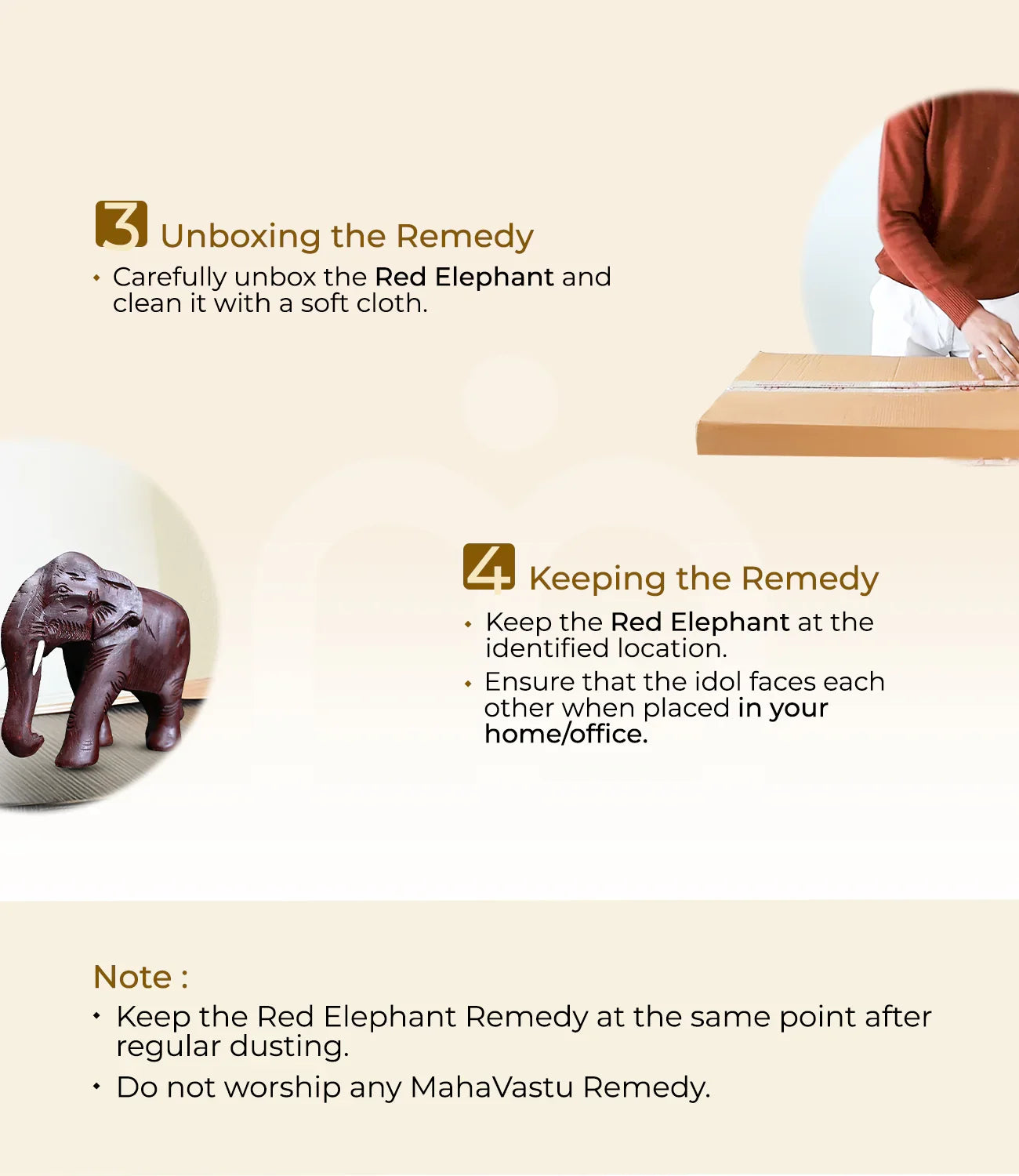 Installation steps for red elephant Vastu remedy including unboxing and placement instructions