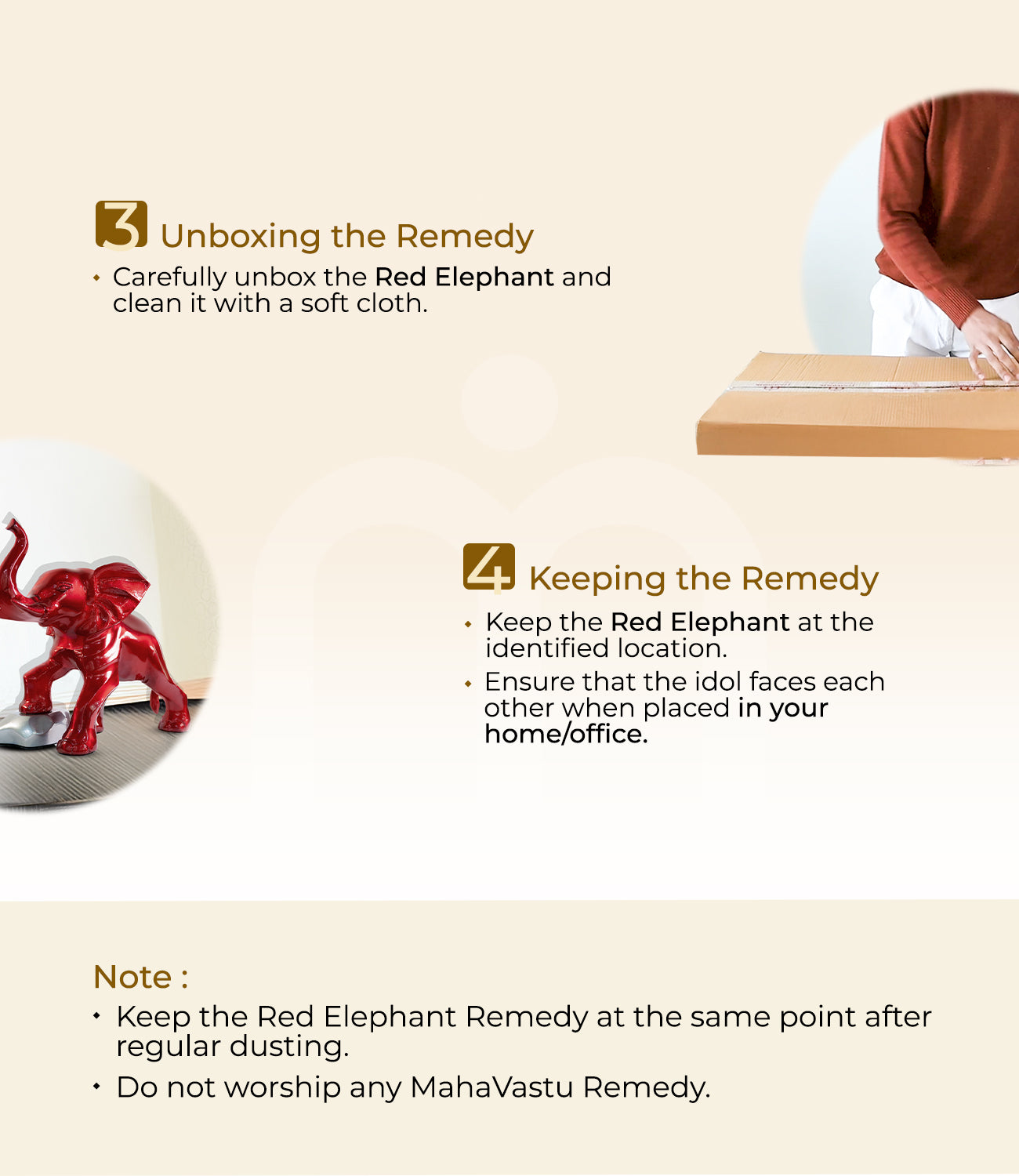 Installation steps for red elephant Vastu remedy including unboxing and placement instructions