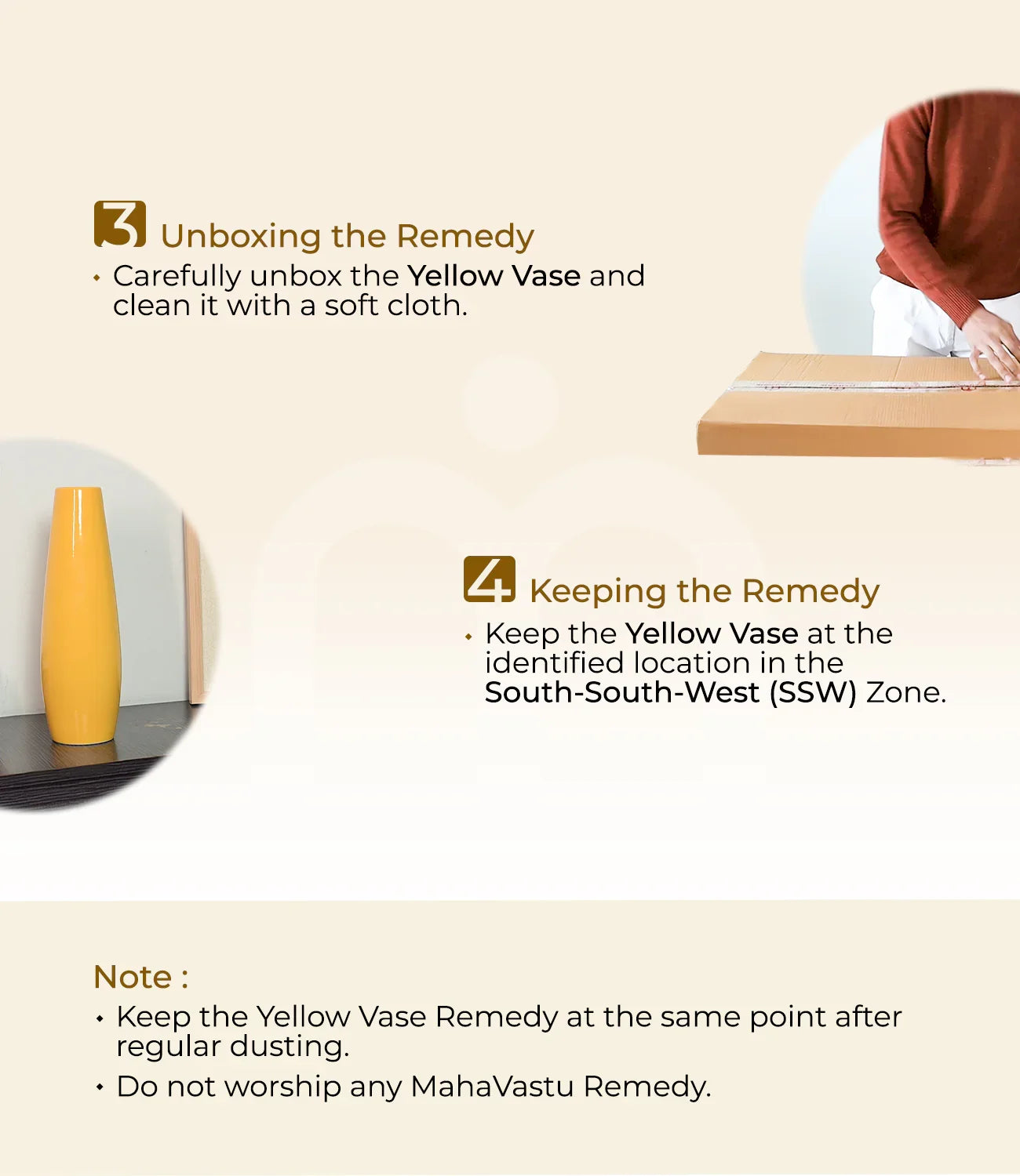 Step-by-step Yellow Vase remedy installation guide, unboxing and placement instructions