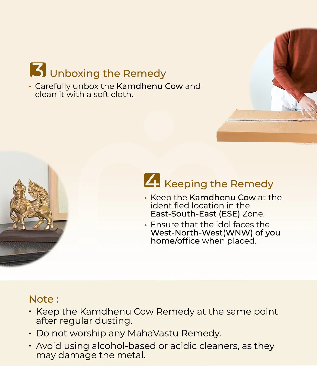 Instructions for unboxing and placing a Kamdhenu Cow idol remedy for Vastu Shastra