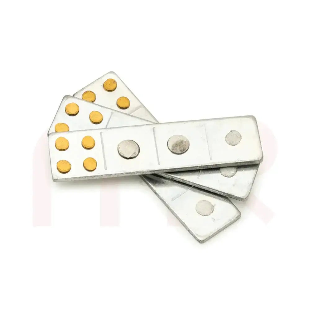 Silver metal strips with gold dots for Maha Vastu Shastra remedies.