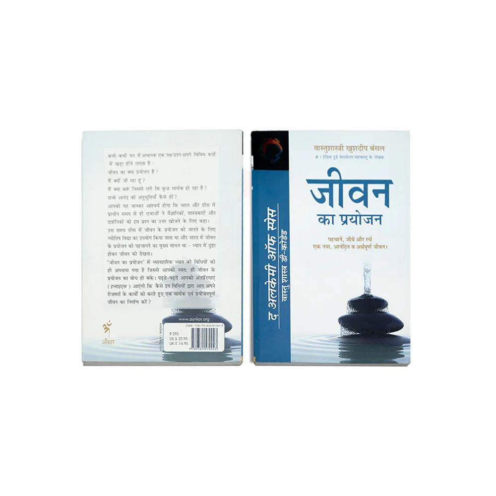 Jeevan Ka Prayojan Hindi book front and back covers, water stones, MahaVastu remedies theme