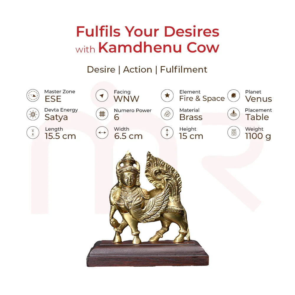 Brass Kamdhenu cow idol on wooden base with Vastu remedy details for desire fulfillment