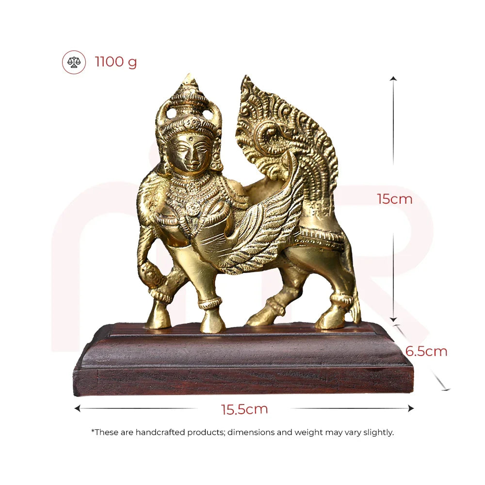 Brass Kamdhenu cow idol on wooden base, handcrafted Vastu remedy, 15cm tall, 15.5cm wide, 1100g
