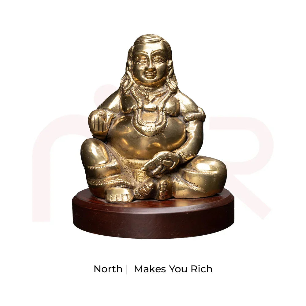Brass Kuber idol for Vastu, sitting on round wooden base, Mahavastu remedy for wealth