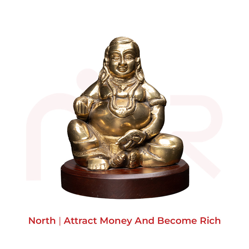 Brass Kuber idol for Vastu, sitting on round wooden base, Mahavastu remedy for wealth