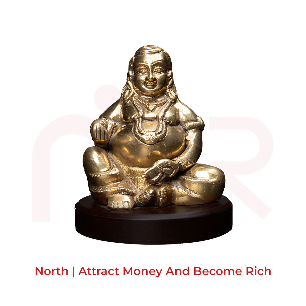 Brass Kuber idol for Vastu, sitting on round wooden base, Mahavastu remedy for wealth