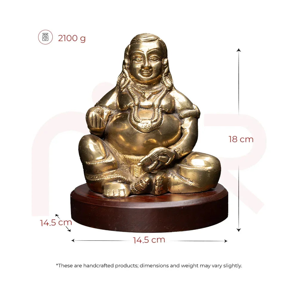 Handcrafted brass Kuber idol for Vastu, 18cm tall, 14.5cm wide, on round base, 2100g weight