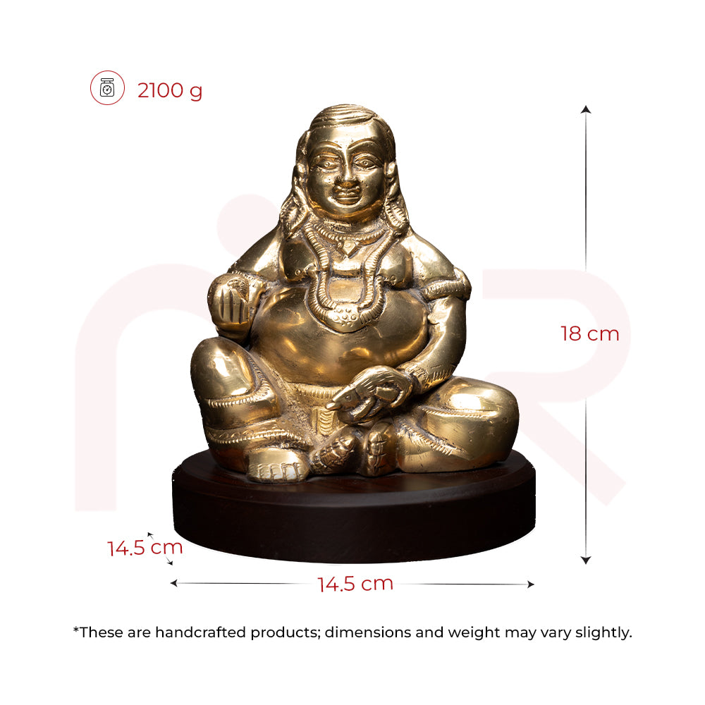 Handcrafted brass Kuber idol for Vastu, 18cm tall, 14.5cm wide, on round base, 2100g weight