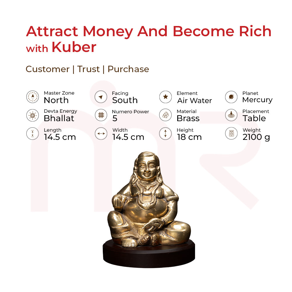 Brass Kuber idol for wealth, facing south, Vastu remedy for money and prosperity, 18cm tall