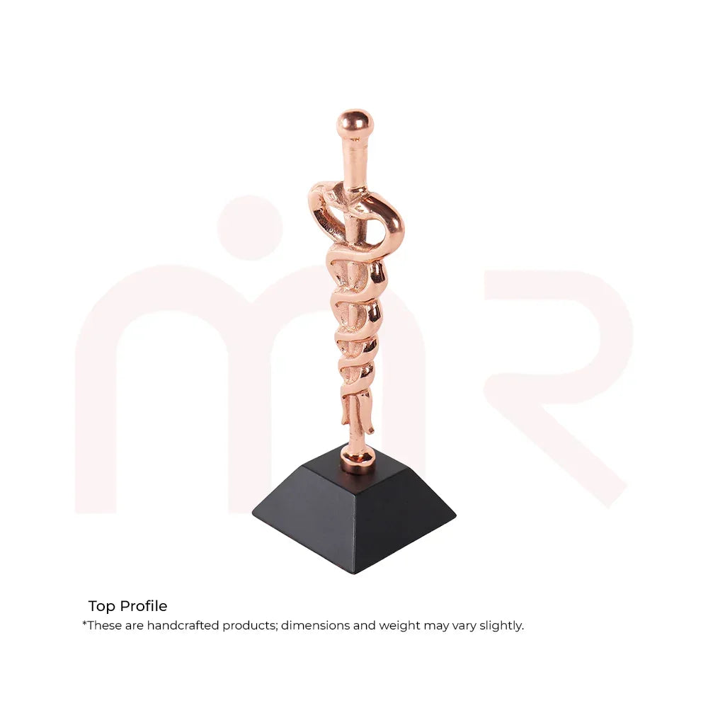 Copper Kundalini Vastu remedy sculpture with snake design on black pyramid base