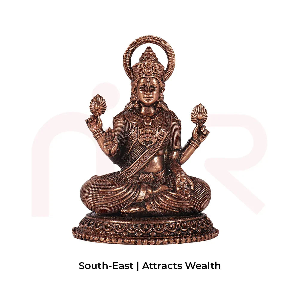Bronze Lakshmi idol for Vastu, seated on ornate base, holds lotus flowers, attracts wealth