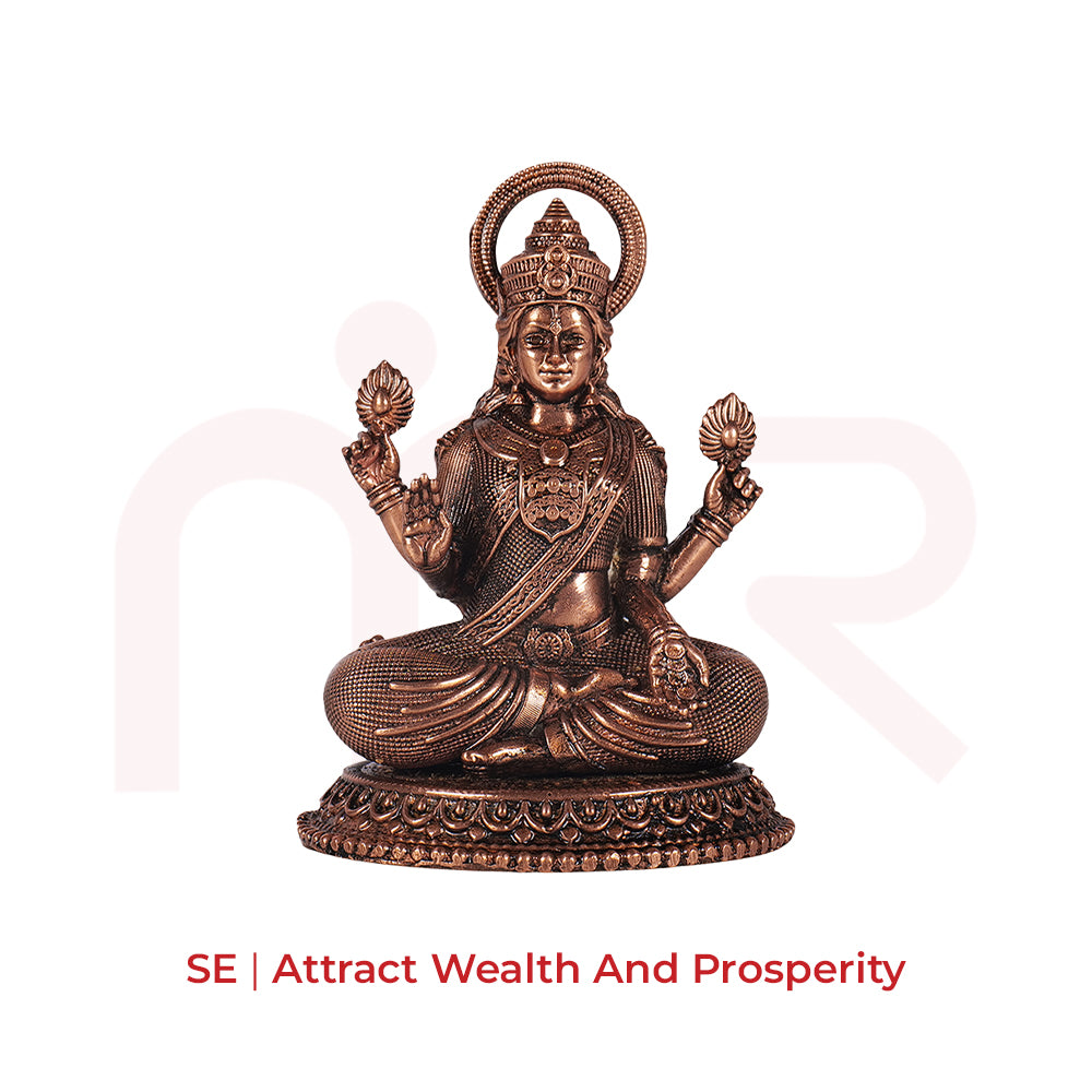 Bronze Lakshmi idol for Vastu, seated on ornate base, holds lotus flowers, attracts wealth
