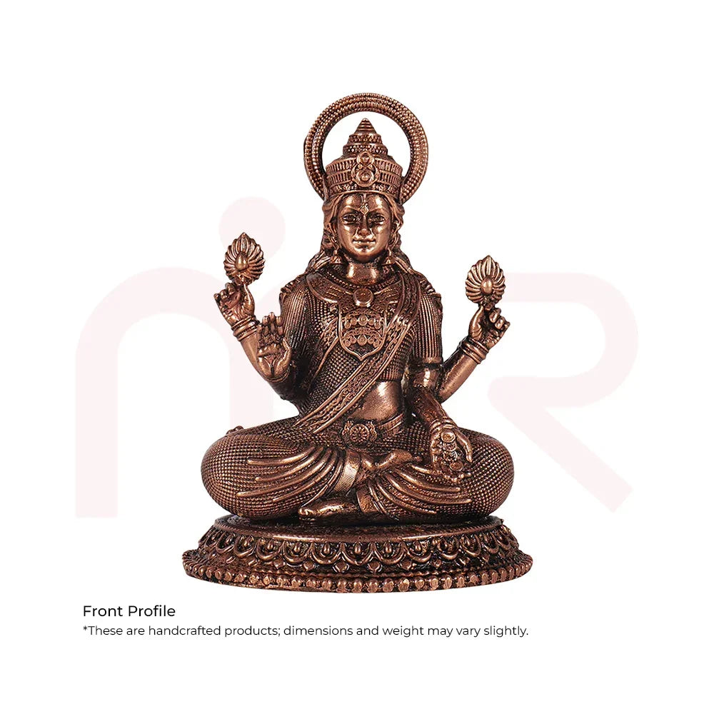 Handcrafted bronze Lakshmi idol for Vastu, seated with lotus flowers, front profile view
