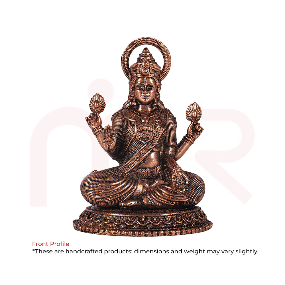 Handcrafted bronze Lakshmi idol for Vastu, seated with lotus flowers, front profile view