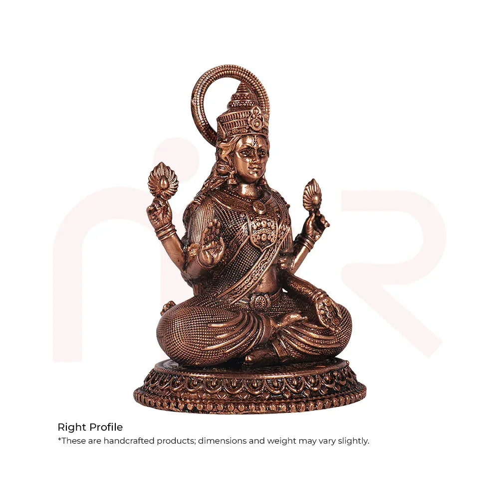 Handcrafted bronze Lakshmi idol sitting on ornate base, ideal for Vastu decor and positivity.