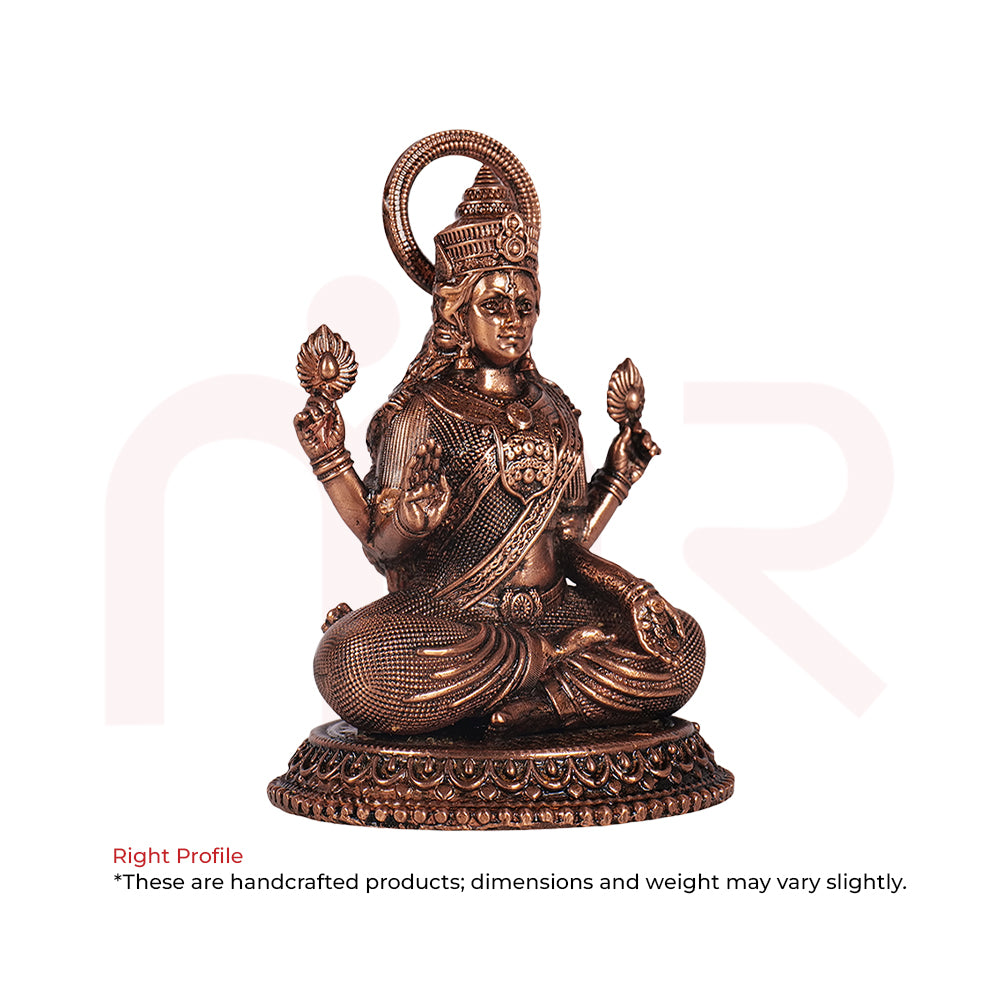 Handcrafted bronze Lakshmi idol sitting on ornate base, ideal for Vastu decor and positivity.