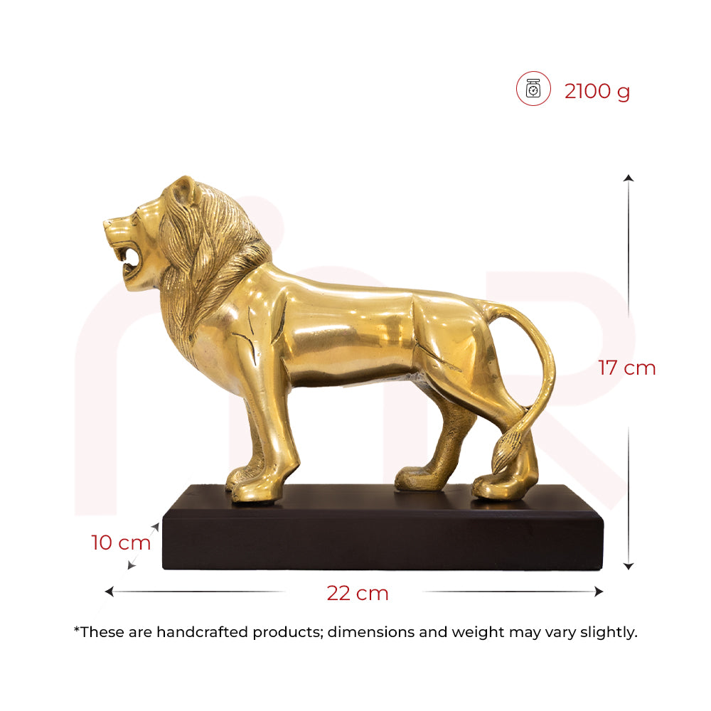 Brass lion statue for Vastu remedies on wooden base, 22x10x17 cm, 2100g