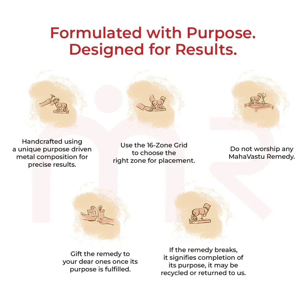 MahaVastu lion remedy placement and care instructions infographic with illustrations and tips.