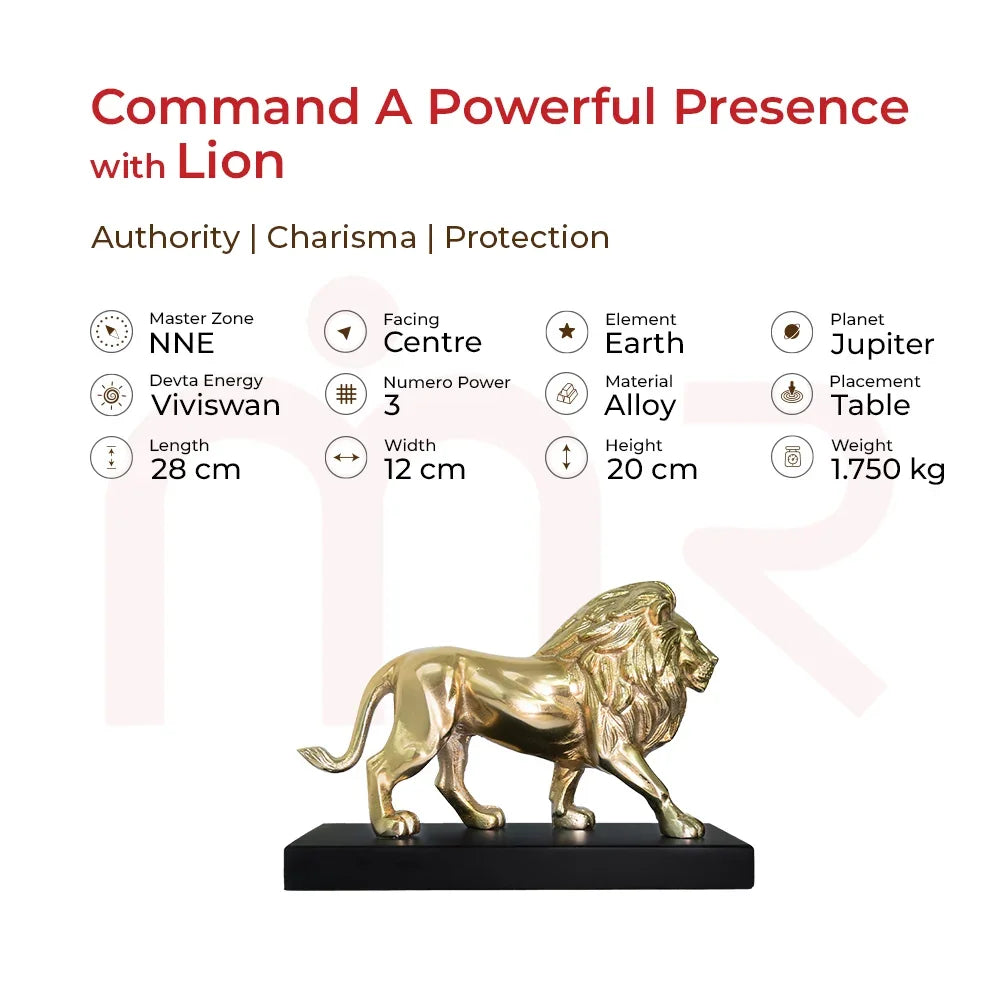 Golden lion statue for Vastu remedies, representing authority and protection in NNE zone.