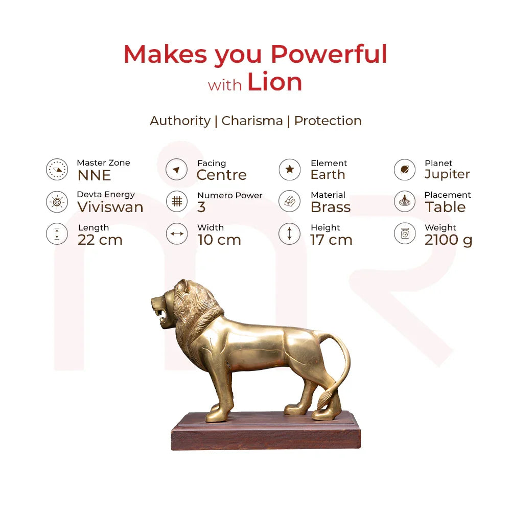 Brass lion statue for Vastu, placed on a wooden base, symbolizes authority, protection, charisma.
