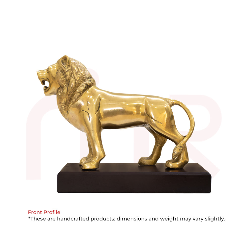 Handcrafted brass lion statue for Vastu, displayed on wooden base