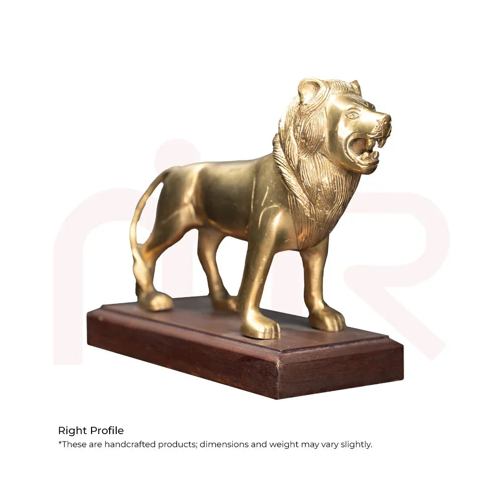 Handcrafted brass lion statue on wooden base, Vastu remedy decor for positivity and strength