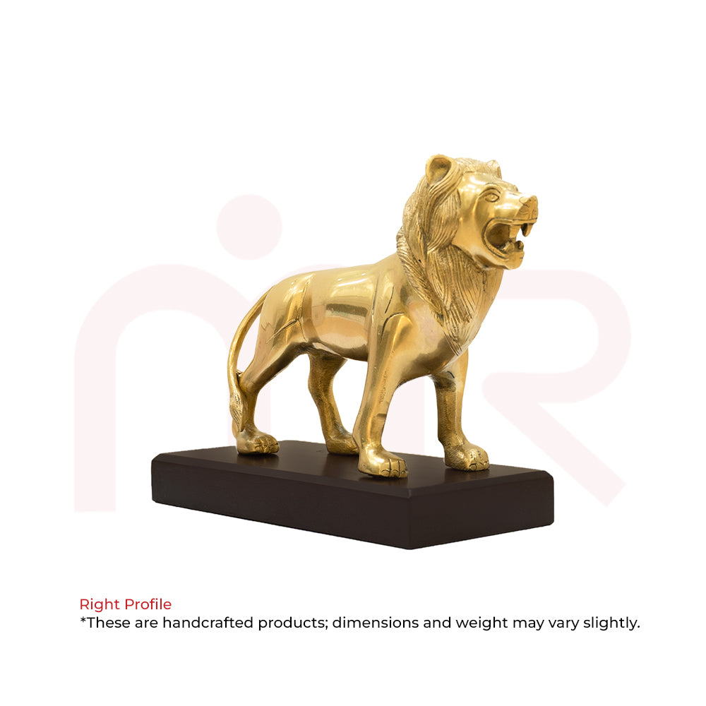 Handcrafted brass lion statue on wooden base, Vastu remedy decor for positivity and strength