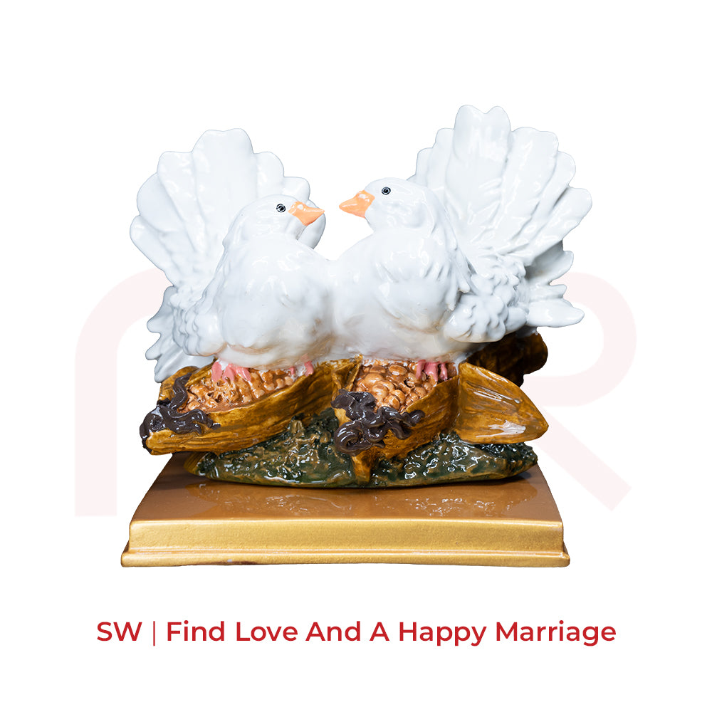 Love birds Vastu remedy statue, white porcelain birds on gold base for home harmony and positivity