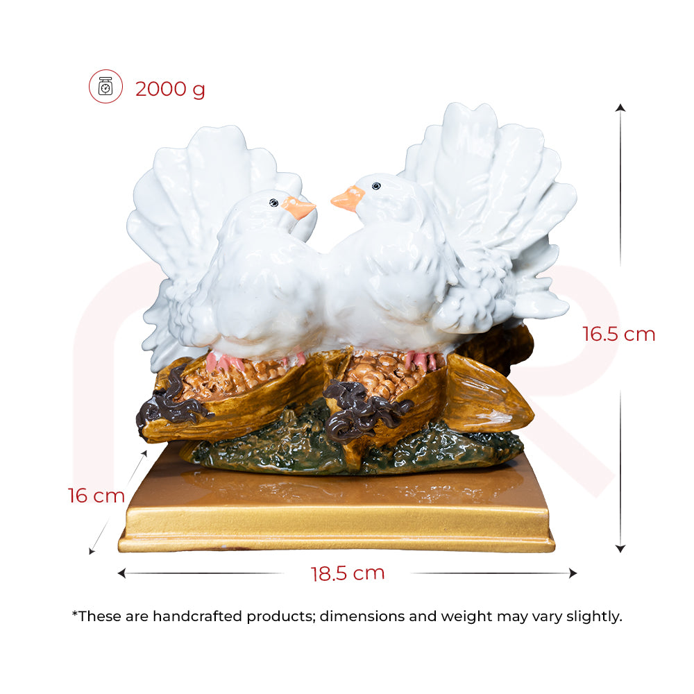White lovebird figurine pair on wooden base, Vastu home decor, 16.5x18.5x16 cm, 2000g
