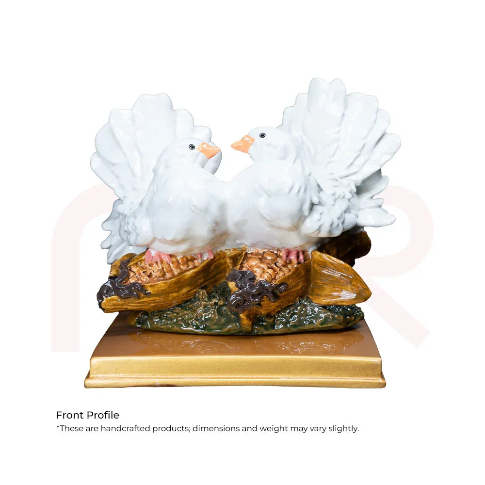 Handcrafted white love bird figurine pair on golden base, Vastu remedy home decor
