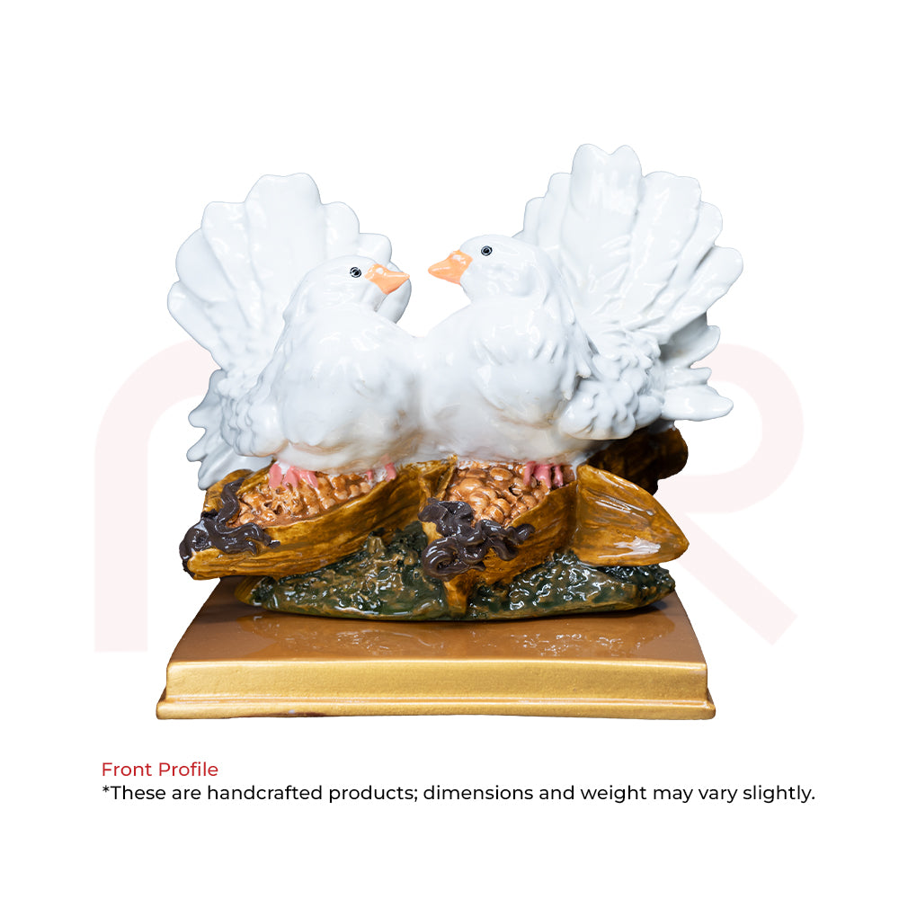 Handcrafted white love bird figurine pair on golden base, Vastu remedy home decor